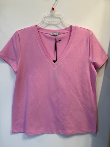 T-shirt BASIC różowy, bawełniany, w szpic/serek