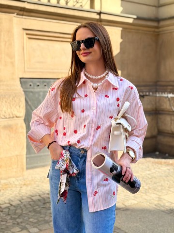 Koszula Loredana różowa / czerwona w paski wyszywana koralikami, cekinami, swobodna