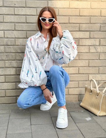 Koszula Modern Art biała w postaci z dużymi bufkami na rękawach, bawełniana