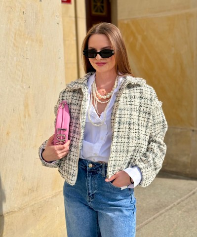 Kurtka Marinella a la bomberka szykowna, z zakładkami tweedowa biało-czarna, na zamek, 