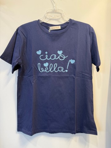 T-shirt granatowy Ciao Bella wyszywany napis, bawełniany