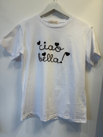 T-shirt biały Ciao Bella wyszywany napis, bawełniany
