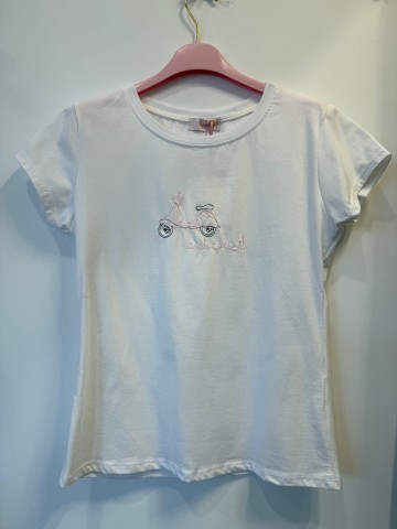 T-shirt Motorino biały z wyszywanym włoskim skuterem, napis Arrivederci