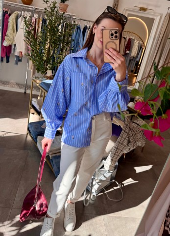 Koszula Dolce niebieska w paski wyszywana cekinami w kwiatki, swobodna