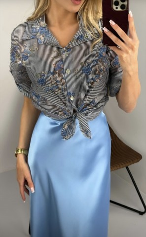 Bluzka Angela tencel koszulowa w granatowe paski w niebieskie kwiaty nadruk, lekka