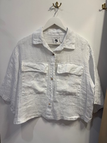 Koszula lniana Pocket biała z kieszeniami na dekolcie, pudełkowa