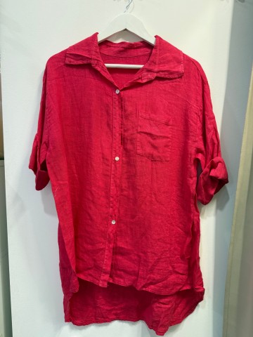 Koszula lniana Luigia koralowa długa, swobodna z kieszonką na dekolcie