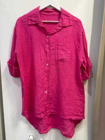 Koszula lniana Luigia różowa długa, swobodna z kieszonką na dekolcie