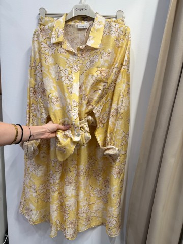 Komplet Sunshine z lyocellem i lnem, koszula + spodnie szerokie cytrynowy w kremowe kwiaty