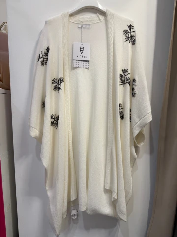 Kardigan z wiskozą i lnem, Boho Chic Society kremowy, zdobiony koralikami, kimono/nietoperz