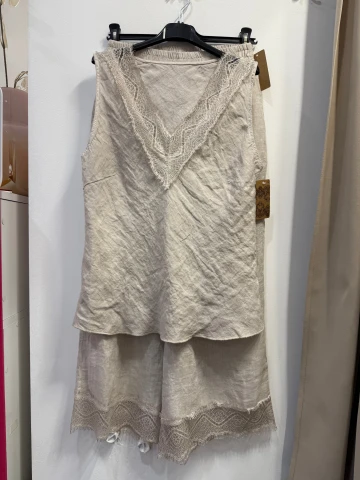 Komplet Ibiza lniany beżowy top + spodnie z koronką