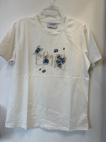 T-shirt Fiori biały z wyszywaną aplikacją, kwiatkami