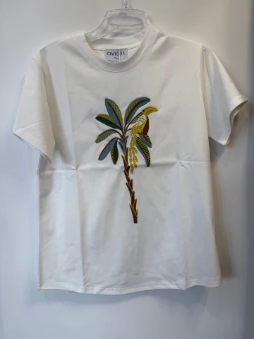 T-shirt Tucano biały bawełniany z printem wyszywana palma + tukan zielony z kryształkiem