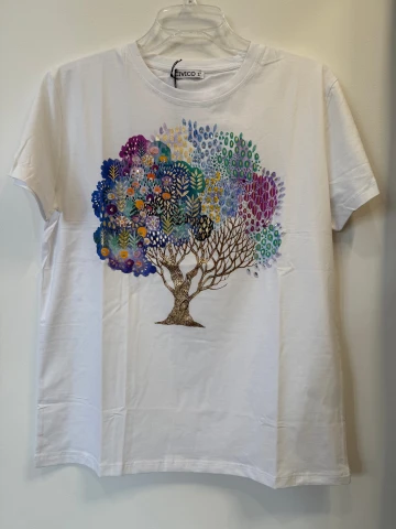 T-shirt Albero biały bawełniany z niebieskim, malowniczym printem drzewo z błyszczącymi kamyczkami