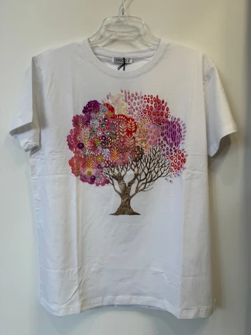 T-shirt Albero biały bawełniany z różowym, malowniczym printem drzewo z błyszczącymi kamyczkami