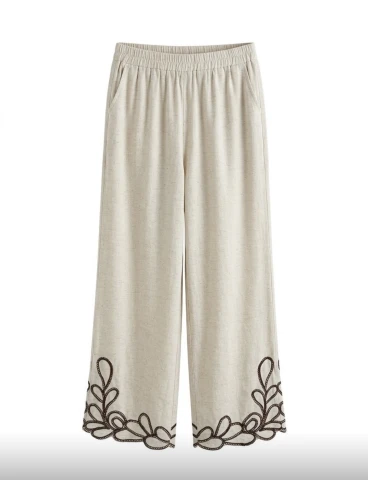 Spodnie Córdoba  rayon, tencel, len beżowe z brązowy haftem na dole