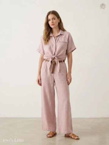 Spodnie Luciana lniane, pudrowy róż, proste szerokie nogawki, z paskiem
